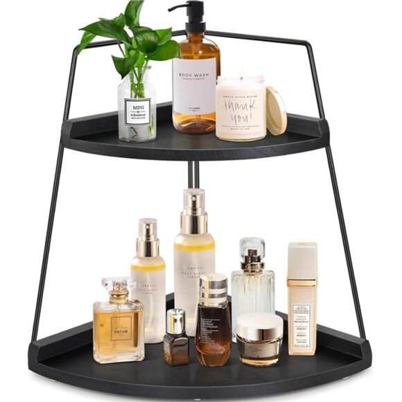 2 Tier Bathroom Counter Organizer, Wood Bathroom Organizer Countertop, Corner - Picture 1 of 7